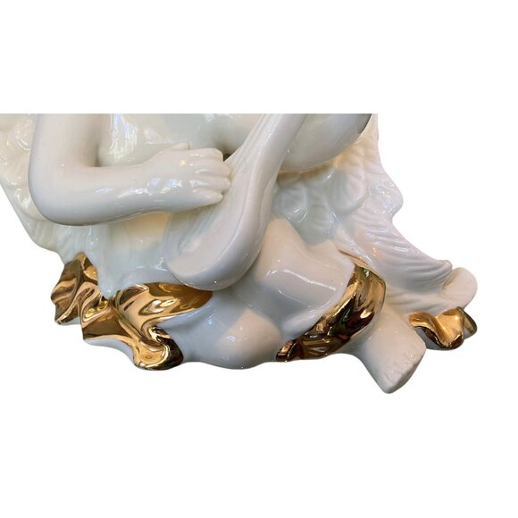 VTG Porcelain White Cherub Angel 24K Gold Sash Playing Harp Sculpture/ Figurine - Picture 6 of 14